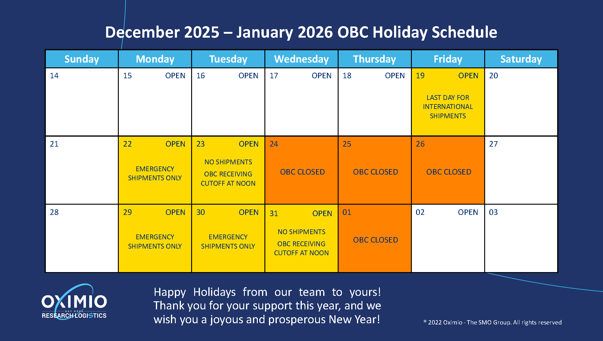 Holiday schedule for deliveries