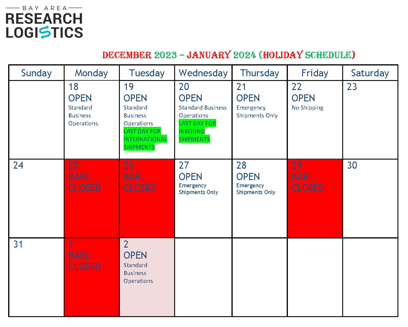 BARL holiday hours 2023