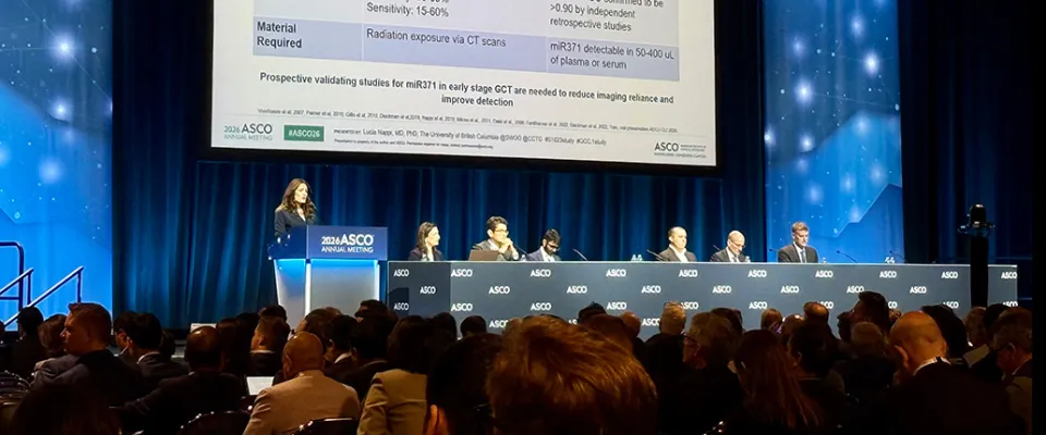 Dr Nappi on stage at ASCO 2026 presenting interim results for CCTG trial 